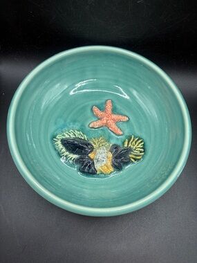 Blue Sky Clayworks Handmade Naurical Starfish Shell Majolica Style Pottery Bowl